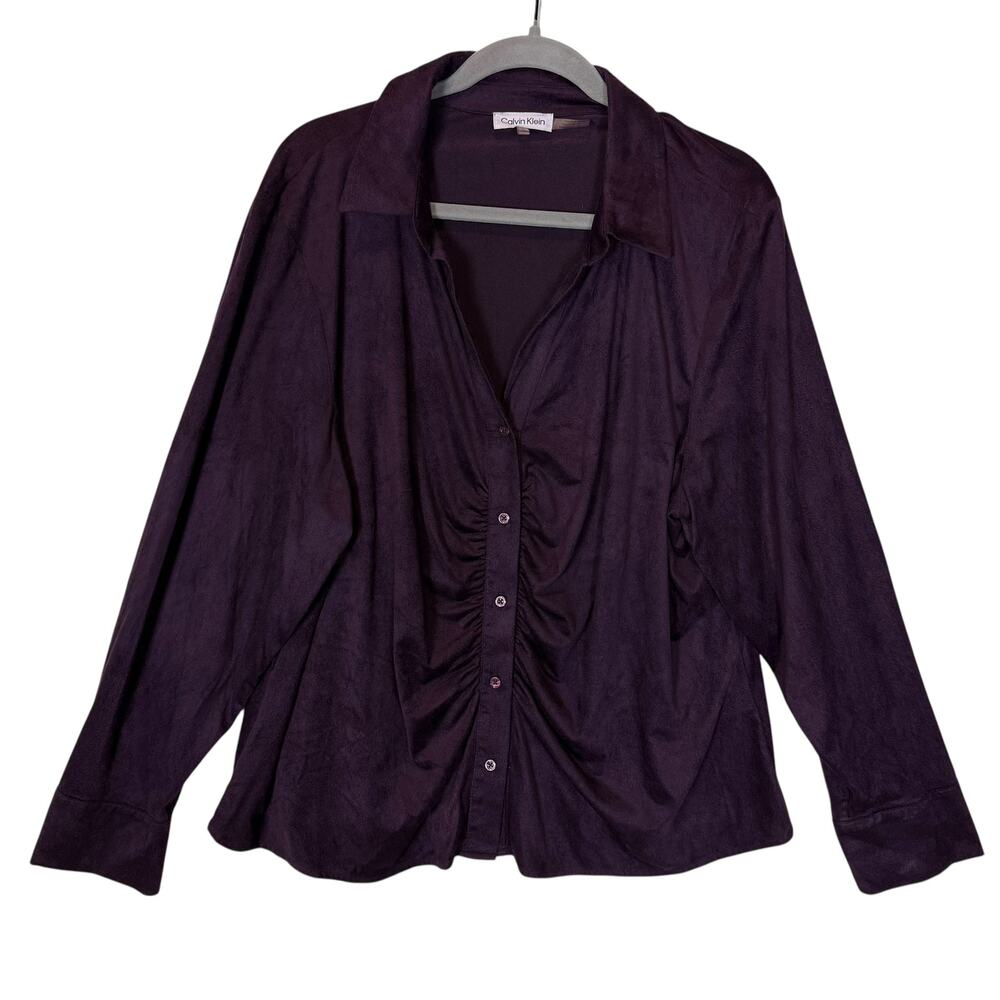 Calvin Klein Blouse Womens 1X Purple Stretch‎ Ruched Velvet Button-Front